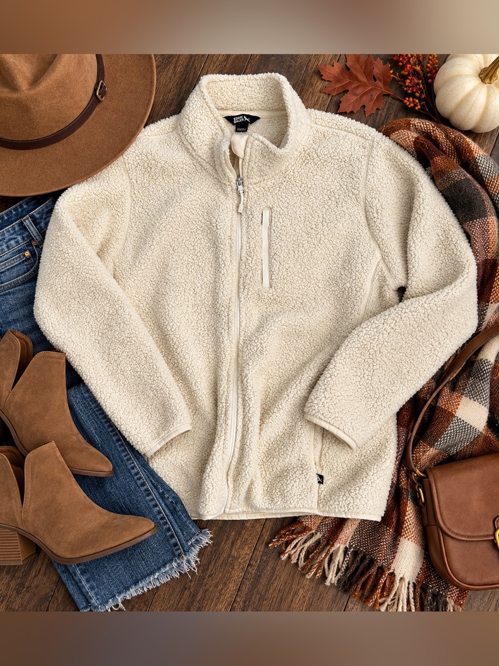 Eddie Bauer Women’s XL Cream Sherpa Fleece Full Zip Jacket Cozy Outdoor